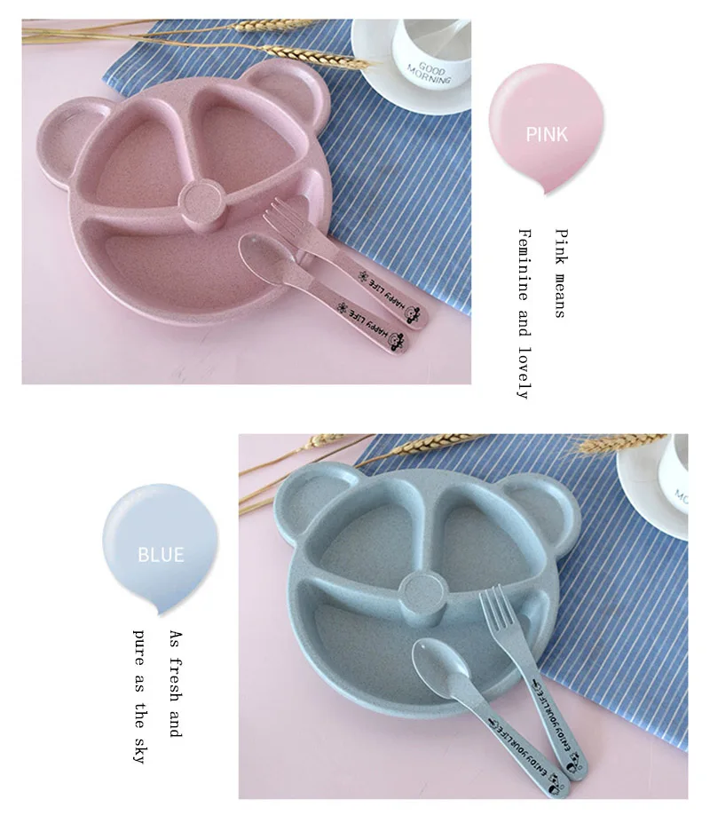 3Pcs Baby Bamboo Food Storage Tableware Kids Plate Spoon Fork Solid Dishes Newborn Children Eco-friendly Dinnerware Set BB5129 (11)