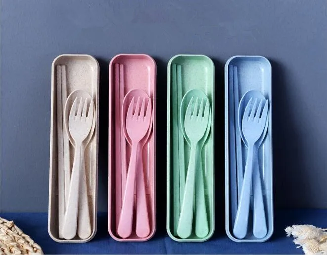 

3pcs/set Portable Household Dinnerware Kit Travel Cutlery Set Wheat Straw LF 100