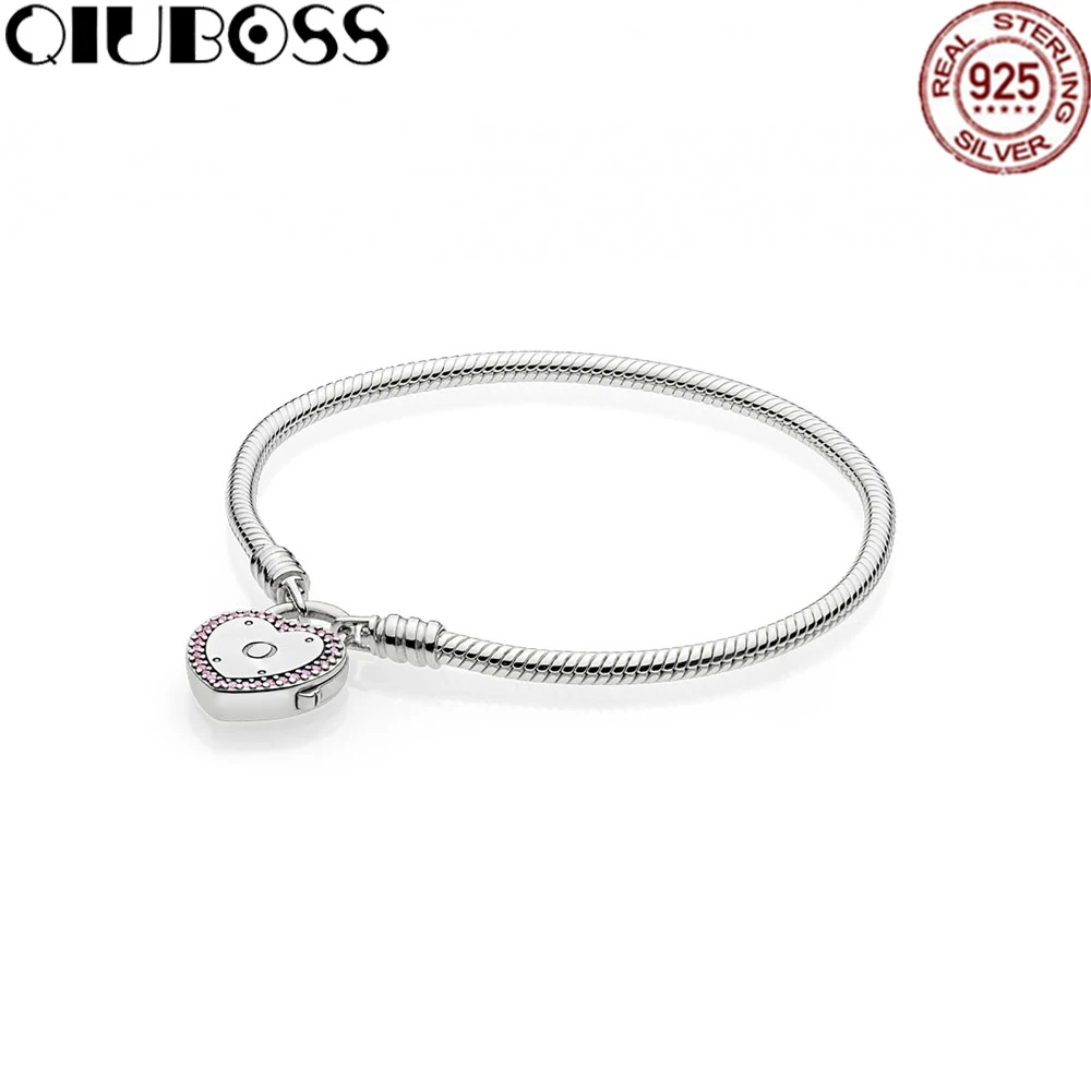 

QIUBOSS 925 Sterling Silver Lock Your Promise, Moments Bracelet Fit DIY Original Charm Bracelet Women jewelry 596586FPC TIFF