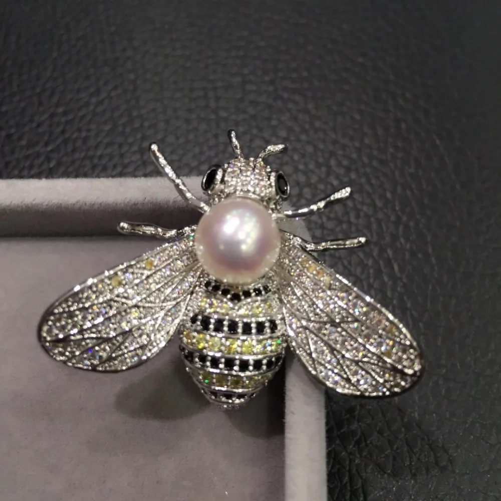 

8-9MM natural sea water pearl brooch pins akoya pearl copper with cubic zircon bee brooch pendant double use fashion jewelry