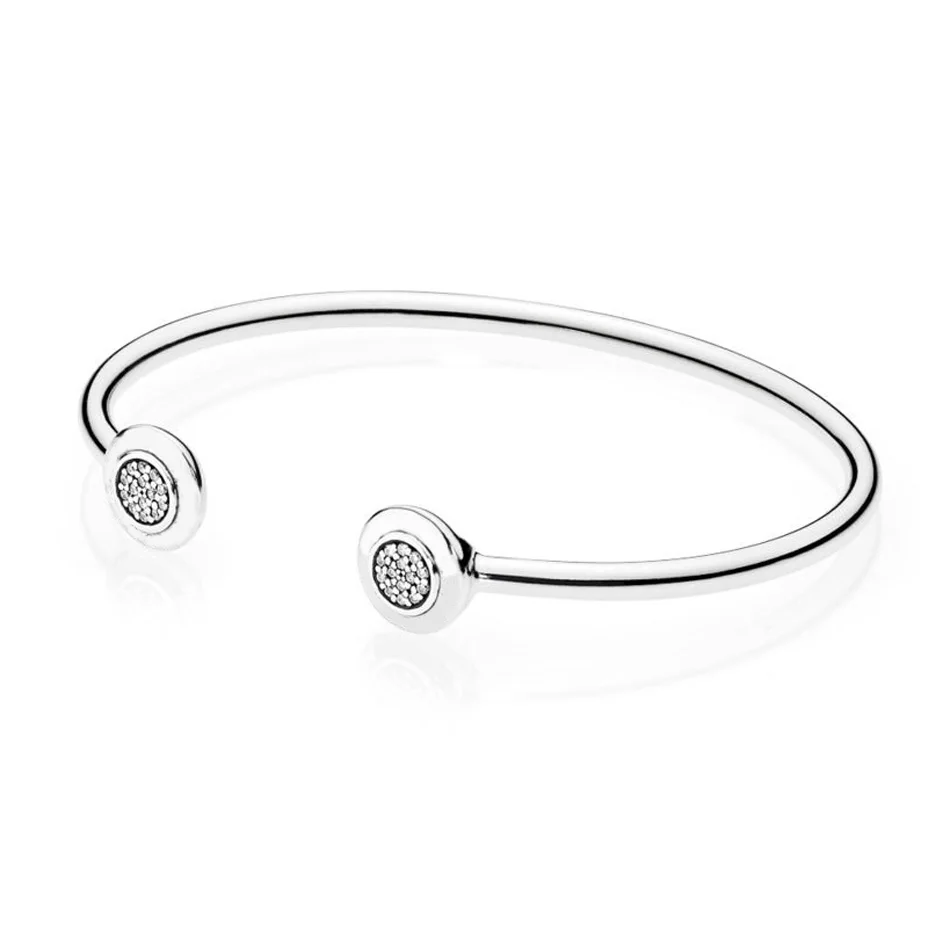 

Authentic S925 Sterling Silver Women Bracelet Two-Tone Signature Open Bangle fit Lady fine Jewelry Pave Clear CZ