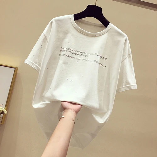 white Топ обычный Kpop Tumblr Корейская Футболка женская хлопковая повседневная трикотажная рукав с буквенным принтом О-образным вырезом свободный стиль - Цвет: white