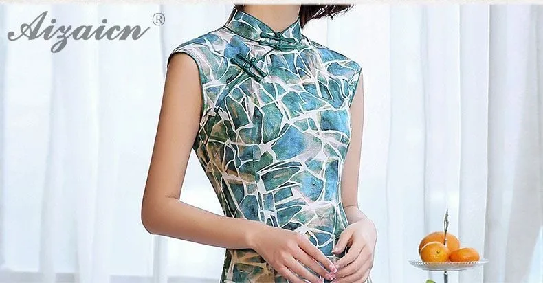 Тенсел рами Для женщин китайский традиционное платье Qipao хлопок льняной с принтом чонсам, Восточный стиль Стиль платья халат Chinoies Длинные
