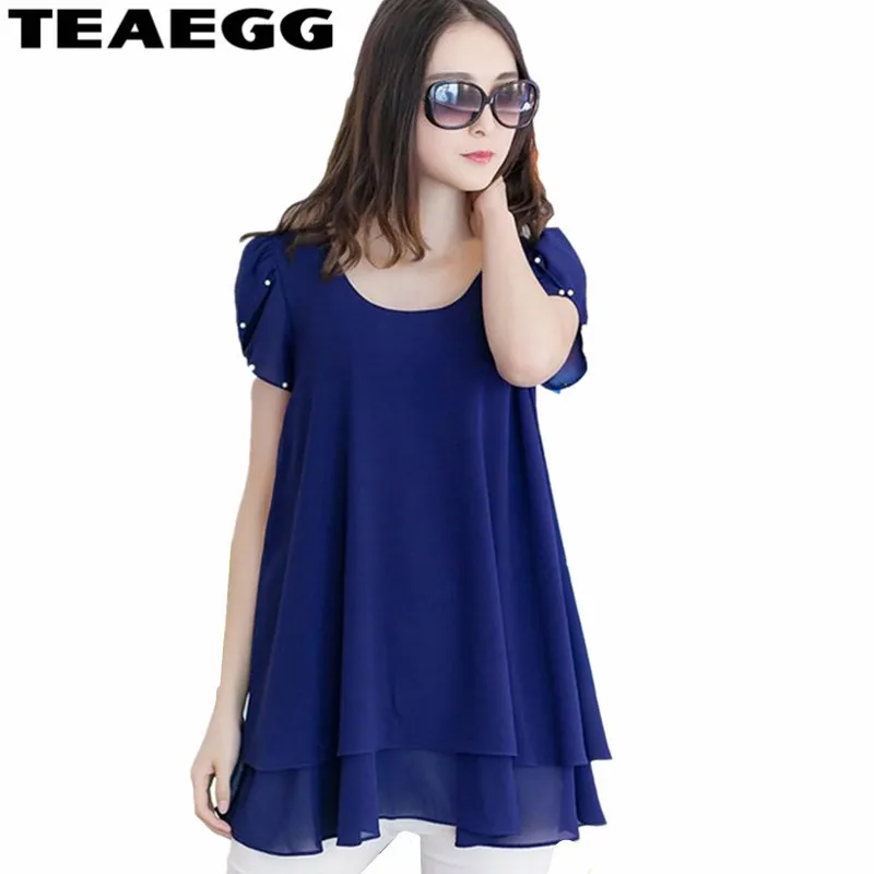 TEAEGG синяя летняя блузка с коротким рукавом топы женская одежда Blusas Mujer шифоновая