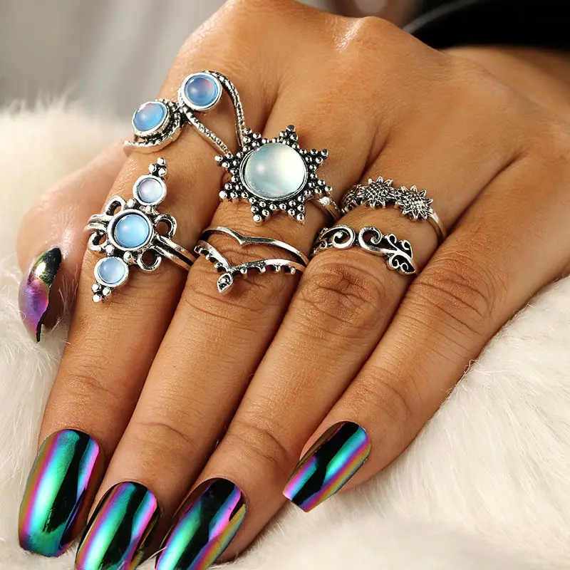 

6pcs Polished Oval Round Shaped Stone CAB Silver Plated Rings Set Jewelry Making Accessories Wholesale Dropship