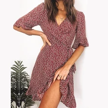 Летнее женское платье, повседневное пляжное мини-платье с принтом, сексуальный сарафан с v-образным вырезом, вечерние платья с рюшами, элегантная офисная одежда