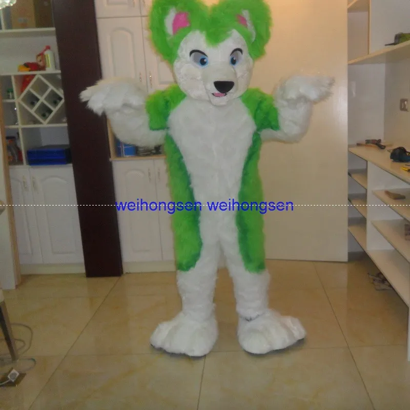 

Can be washed with water High quality EVA Material Helmet Luxury Plush Simulation fur Green wolf Mascot Costumes 081