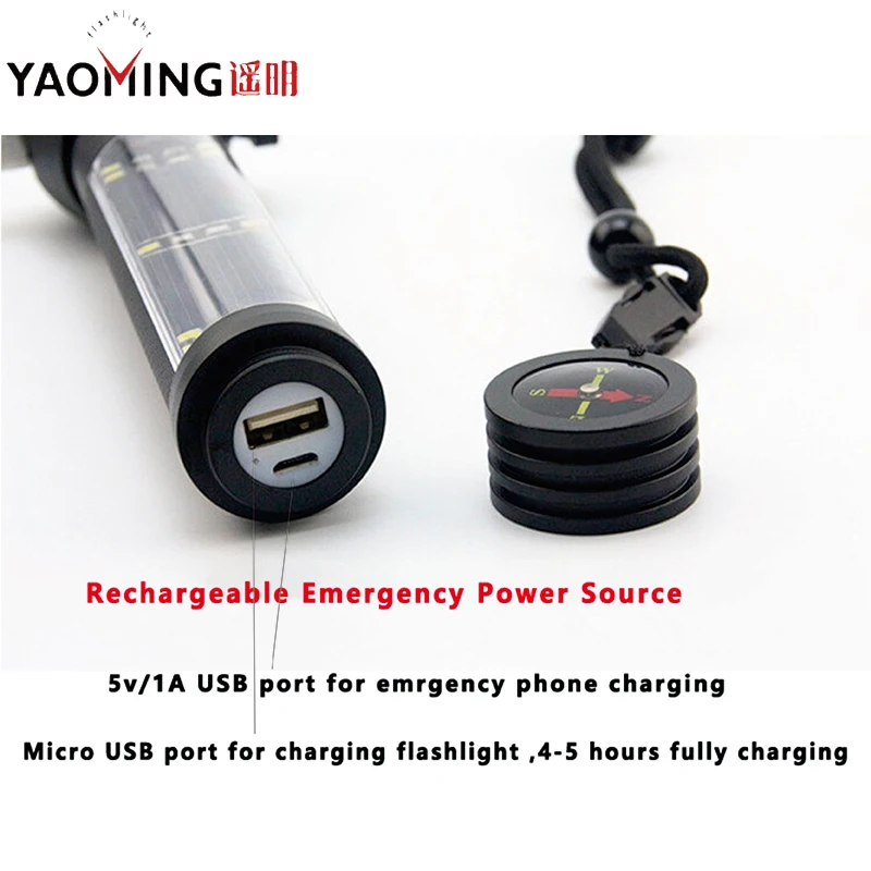 4000LM Rechargeable Multifunction Emergency Torch Lights USB Power Bank Led Solar Flashlight With Safety Hammer Compass Magnet