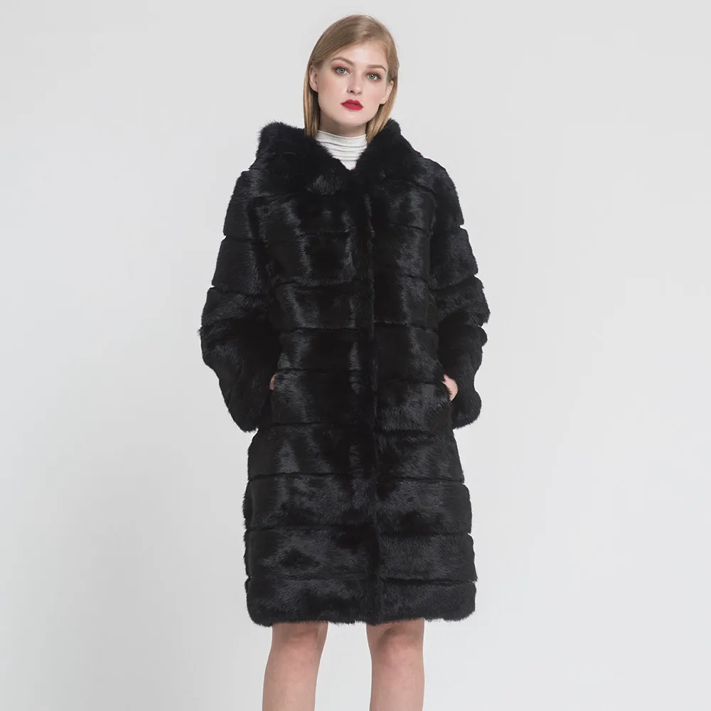 

2019 Winter Warm Women's Real Rabbit Fur Long Coat Top Quality Fur Outerwear Hooded Female Luxury Jacket