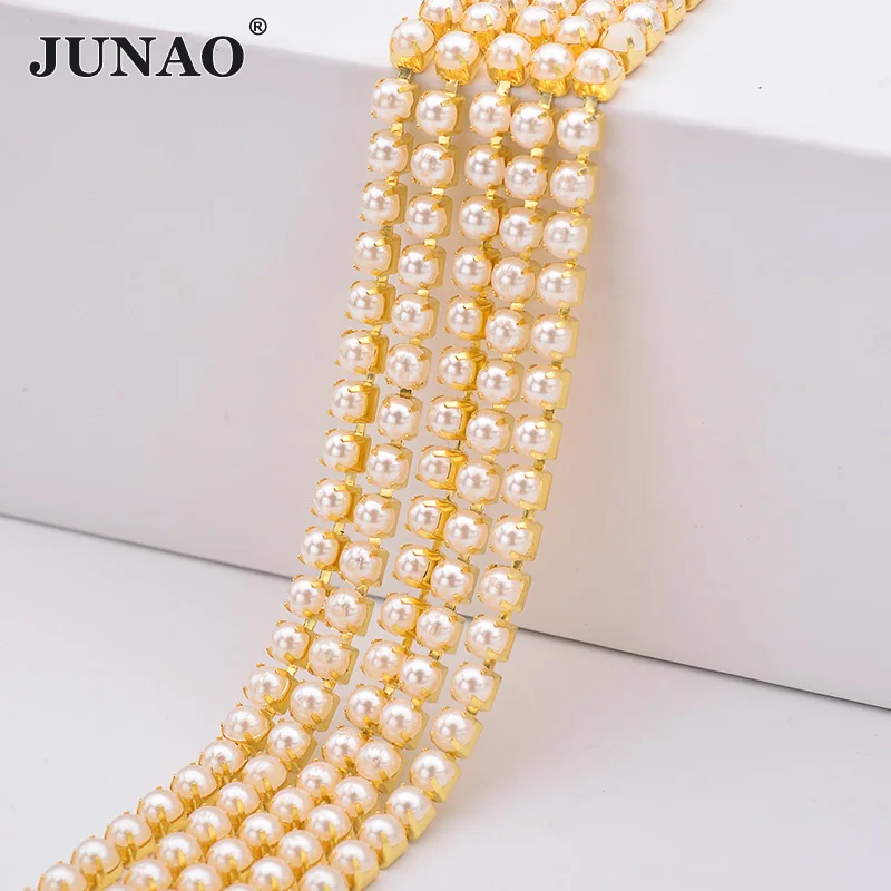 

JUNAO ss6 12 16 Pearl Chain Trim Rhinestones Banding Sewing Gold Crystal Beads Chains Acrylic Pearls Beads Applique for Crafts