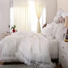 

Free shipping wedding bedding sets queen size,milk white satin jacquard lace bed skirts lace edge princess bedspread romantic