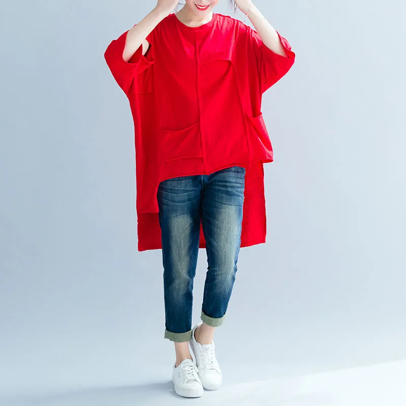 Женская Базовая футболка из хлопка размера плюс, Женская Повседневная Свободная футболка с рукавами «летучая мышь», Женская длинная туника с большим плетением, 4XL 5XL 6XL - Цвет: Красный