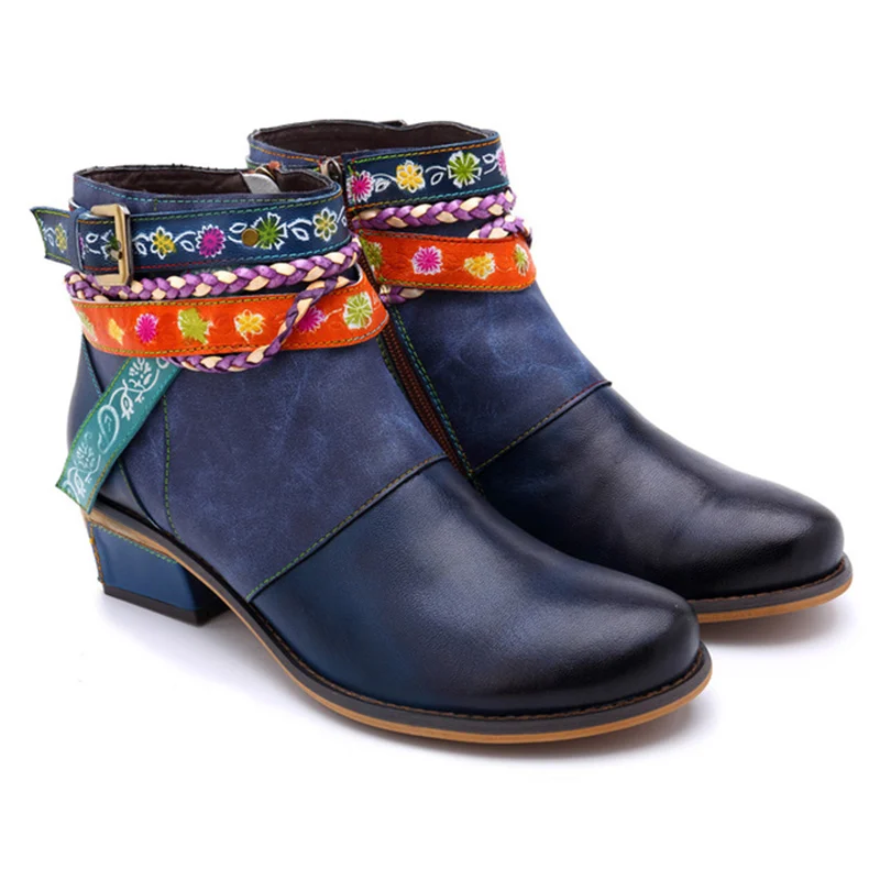 

Winter boots woman 2019 Bohemian Shoes Woman Genuine Leather Platform boots Ethnic Fashion Zipper Flower Ankle Boots for women