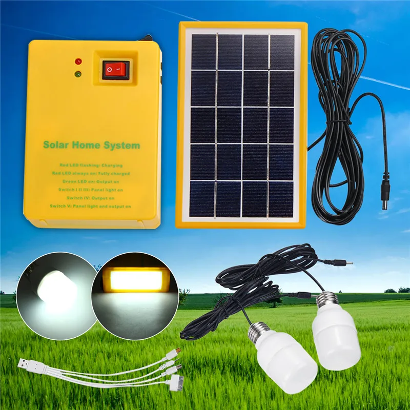 Sistema de Energia Exterior sobre a Descarga Kit com 2 Carregador Casa Solar Painel Gerador Lâmpadas Led Iluminação Interior – Proteger 5 v Usb