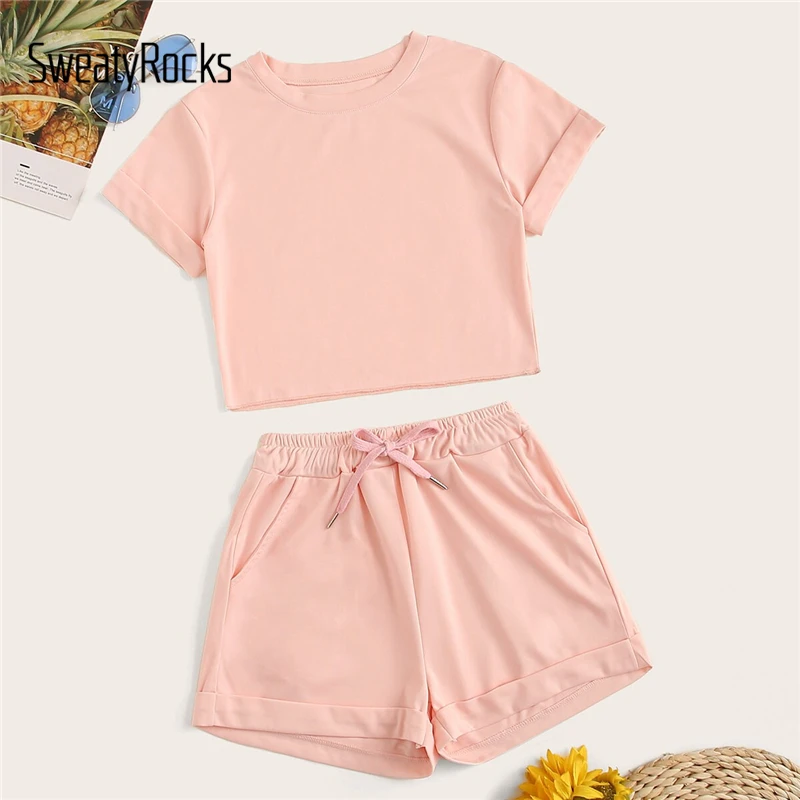 

SweatyRocks Pink Crop Tee And Drawstring Waist Shorts Set Women 2019 Summer Solid Casual 2 Piece Set Active Wear Basics Outfits