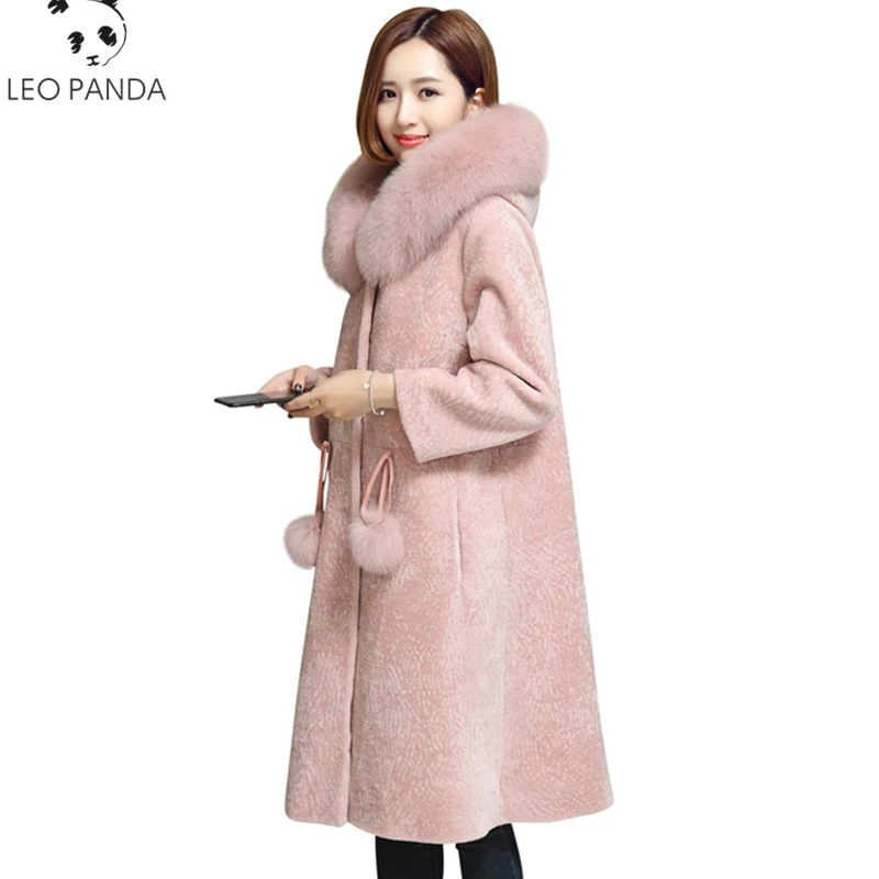 2018 New Real Fur Coat Women Winter Sheep Shearing Fur Pink Coat Natural Fox Fur Hood Thick Warm