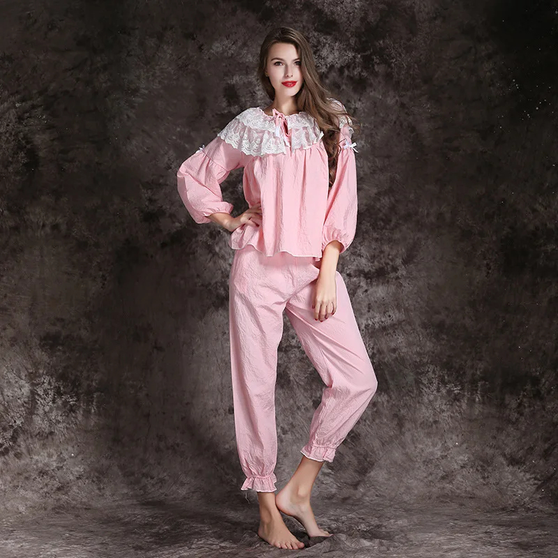 

womens cotton pajamas set couple set sleepwear 2019 spring summer plus size nightwear pants 2 piece sexy home suit pink lace