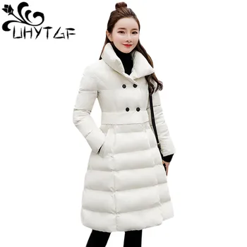 

UHYTGF Winter Jacket Women Warm Standing collar Thicken Long Parka Female Solid Down Cotton Padded Basic Coat jaqueta feminina94