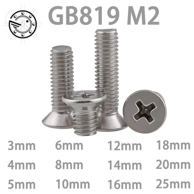 Metric Thread GB819 M2 304 Stainless Steel flat head cross Countersunk head screw m2*(3/4/5/6/8/10/12/14/16/18/20/25) Metric Thread GB819 M2 304 Stainless Steel flat head cross Countersunk head screw m2*(3/4/5/6/8/10/12/14/16/18/20/25)