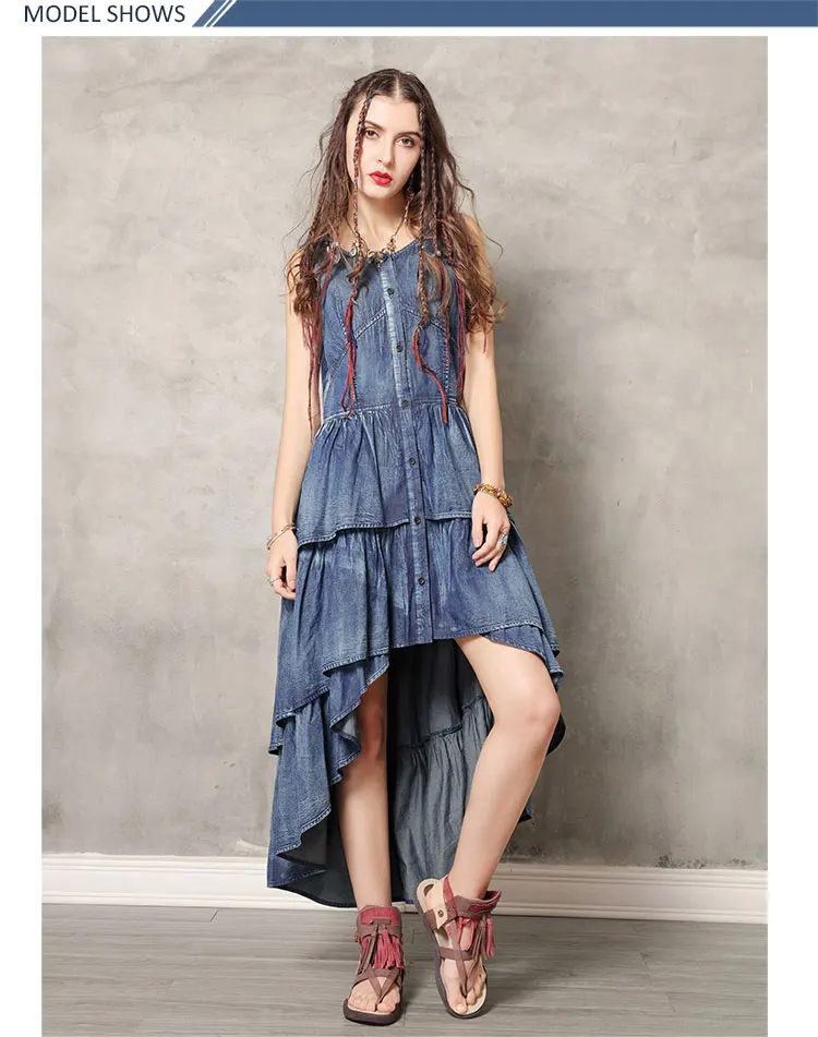 Летнее платье Yuzi. Мая Boho новые джинсовые платья Femininos с круглым вырезом без рукавов однобортные женские платья русалки A82152