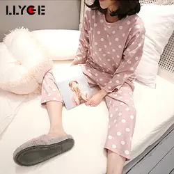 LLYGE для женщин осень в горошек печатных Пижама костюмы 2018 корейский стиль с длинным рукавом Свободные ночные рубашки женские брюки для