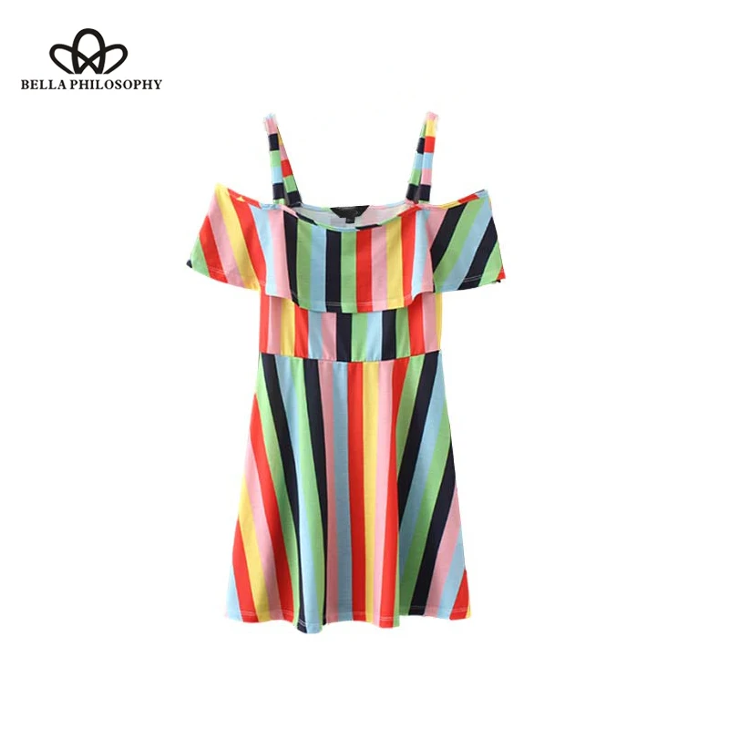 Wonder 2018 new sexy off shoulder striped mini dress ruffled spaghetti straps short sleeve female casual chic dresses vestidos