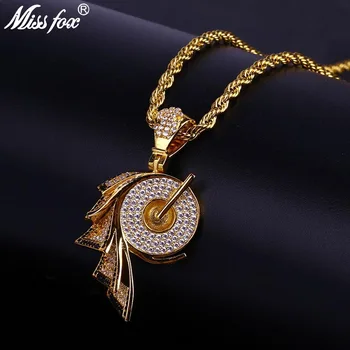 

MISSFOX Hip Hop Men Pendant Old Film Shape Cubic Zirconia Gold Necklace Copper Material Iced Out Jewelry With Long Rope Chain