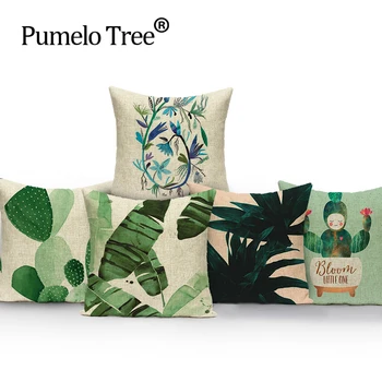 

45*45 cm Home Decorative Hand Painted Tropical Plant Leaves Linen Cotton Decorative Pillow Cushion Factory Direct Supply Cover