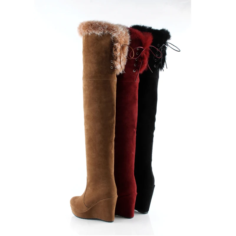 Chainingyee/зимние теплые сапоги выше колена женские сапоги для верховой езды на высоком каблуке с кроличьим мехом, на молнии, со шнуровкой, на платформе, желтого, черного, красного цвета