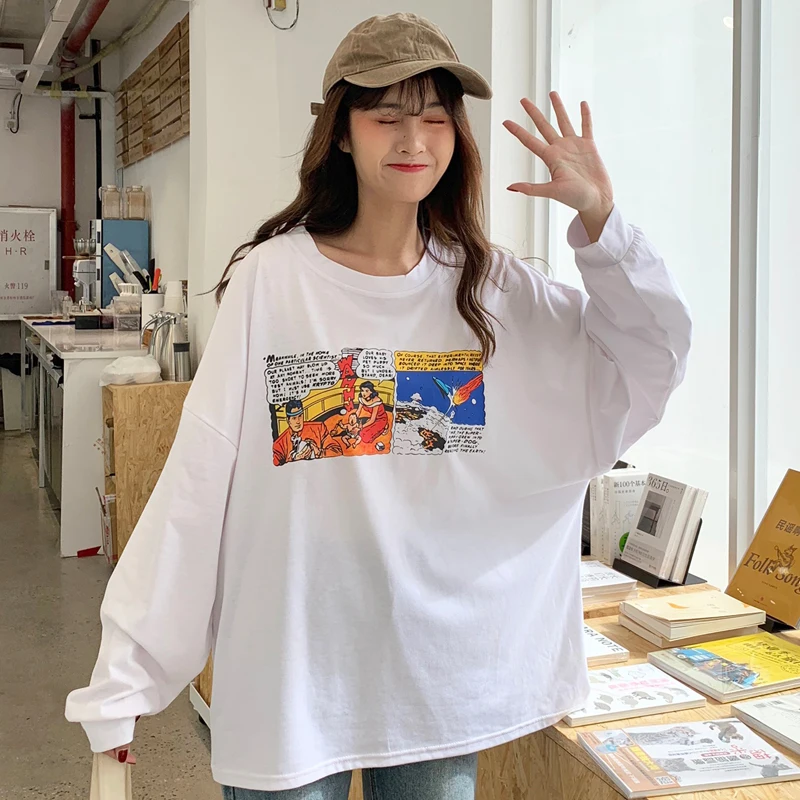 Женские футболки Bf Wind Harajuku, корейские свободные топы с круглым вырезом и длинным рукавом с буквенным принтом, студенческие весенние шикарные футболки с рукавами «летучая мышь»