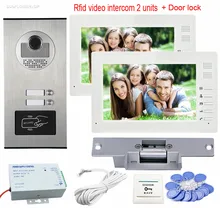 New 2 Apartment Video Intercom With Lock CCD 2 Buttons Rfid IR Camera Color 7″ Monitors Video Door Phone Door Bells System Unit
