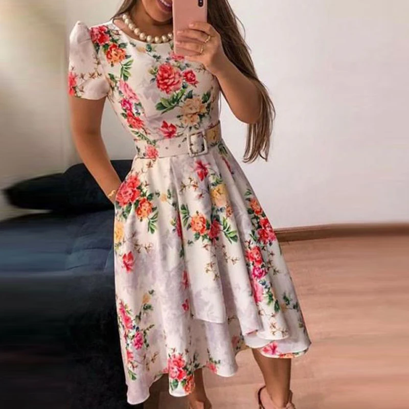 

Women Summer Dress Floral Printed Retro Round Neck Short Sleeve Pleated Hem Knee-Length Dress