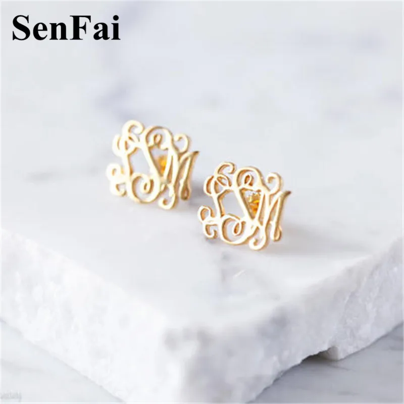 

Senfai Custom Earrings for women girls Customize Monogram Initial Rose Gold stud earrings fashion party earings jewelry her gift