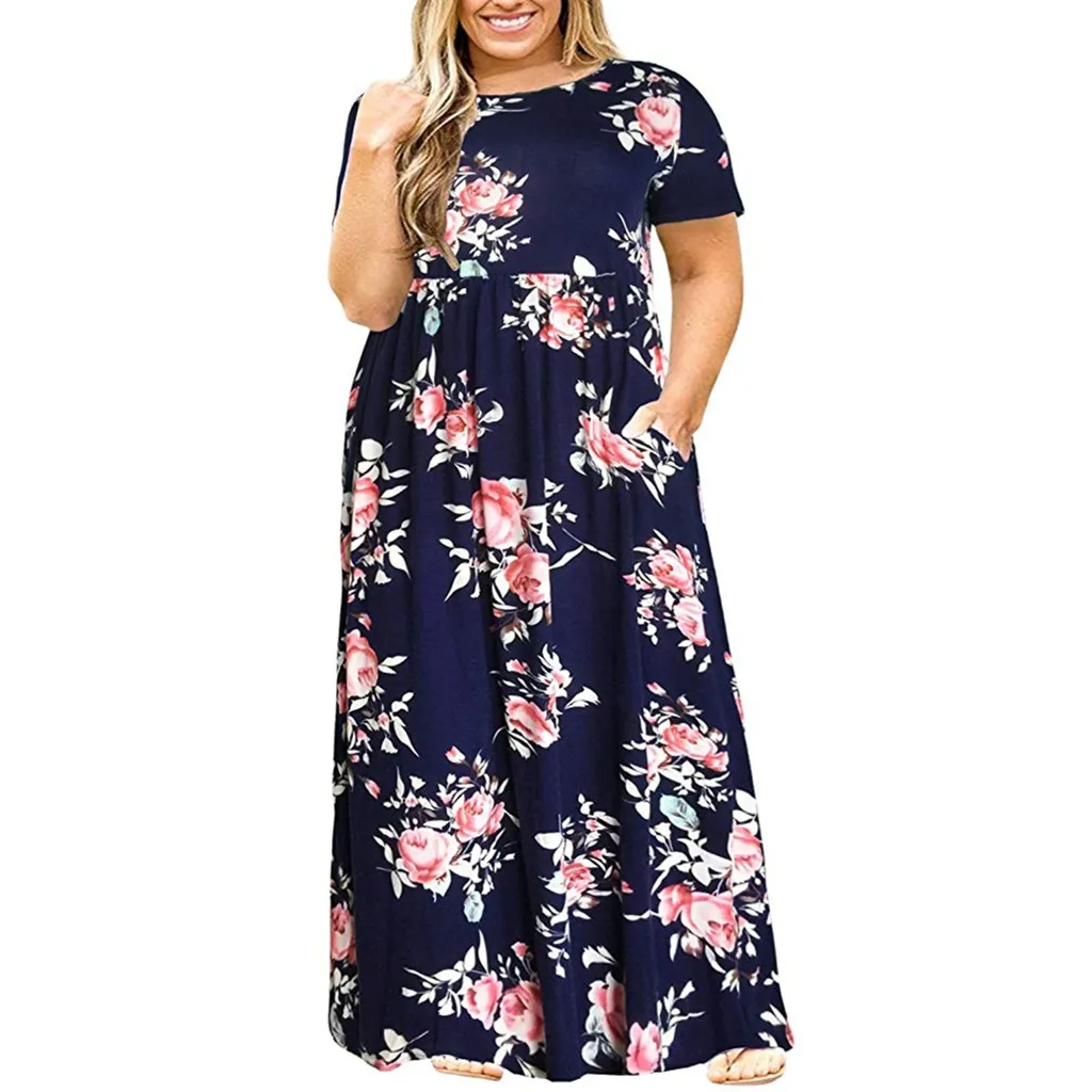 

SAGACE Dress Women Plus Size slim dress Short Sleeve Printing lady Dress O-Neck Long With Pockets casual girls robe femme 408