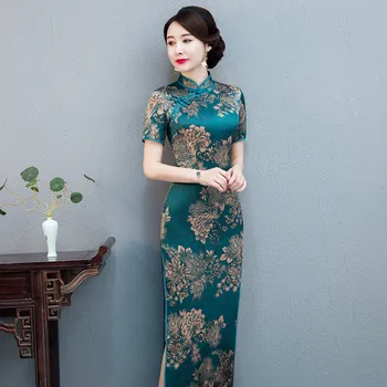 

Summer New Vintage Navy Green Short Sleeve Cheongsam Sexy Women Formal Long Dress Print Flower Satin Qipao Oversize 3XL 4XL