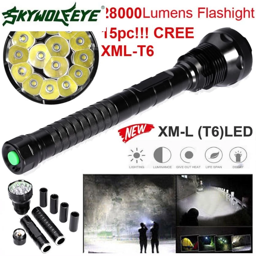 

JA 6 Shining Hot Selling Fast Shipping 28000LM 15x XML T6 LED Flashlight 5 Modes Torch 26650/18650 Camping Lamp Light