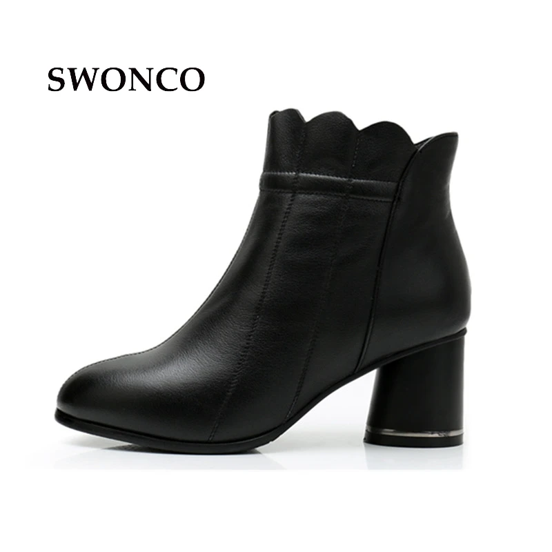

SWONCO Women's Genuine Leather Ankle Boots 2018 Winter Warm Plush Ladies Shoes Women Boots High Heels Black Winter Boot Shoes