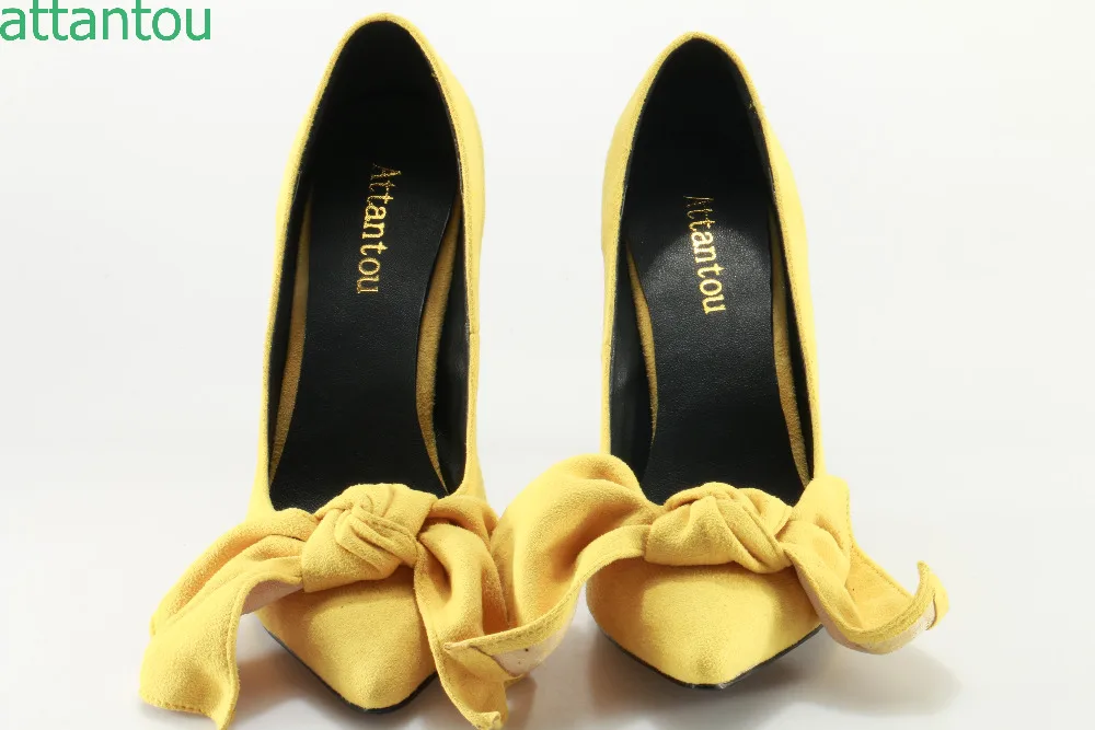 Grande As Mariage Jaune Pointu Talon Stiletto 42 Taille Mince Color Femme Bowtie 35 Pompes Bout Femmes Showed Chaussures Daim Talons Hauts De FZHBnwnOqg