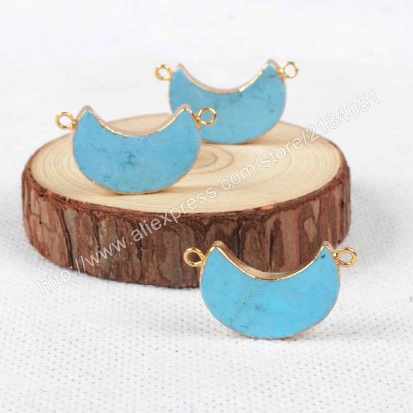 Crescent Moon Shape Blue Howlite Turquoise Gold Plated Necklace Connector Beads Double Bails Making Jewelry G0867