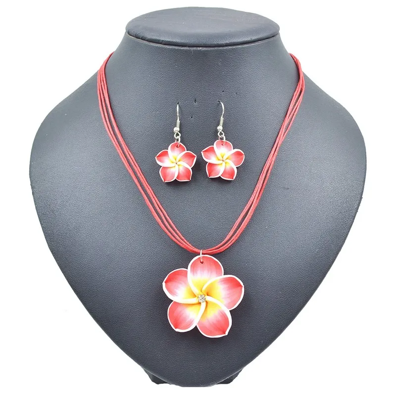 TopHanqi 1set 6color Summer Beach Hawaiian Clay Fimo Frangipani Flower Necklace Earrings Jewelry Sets For Children Girls