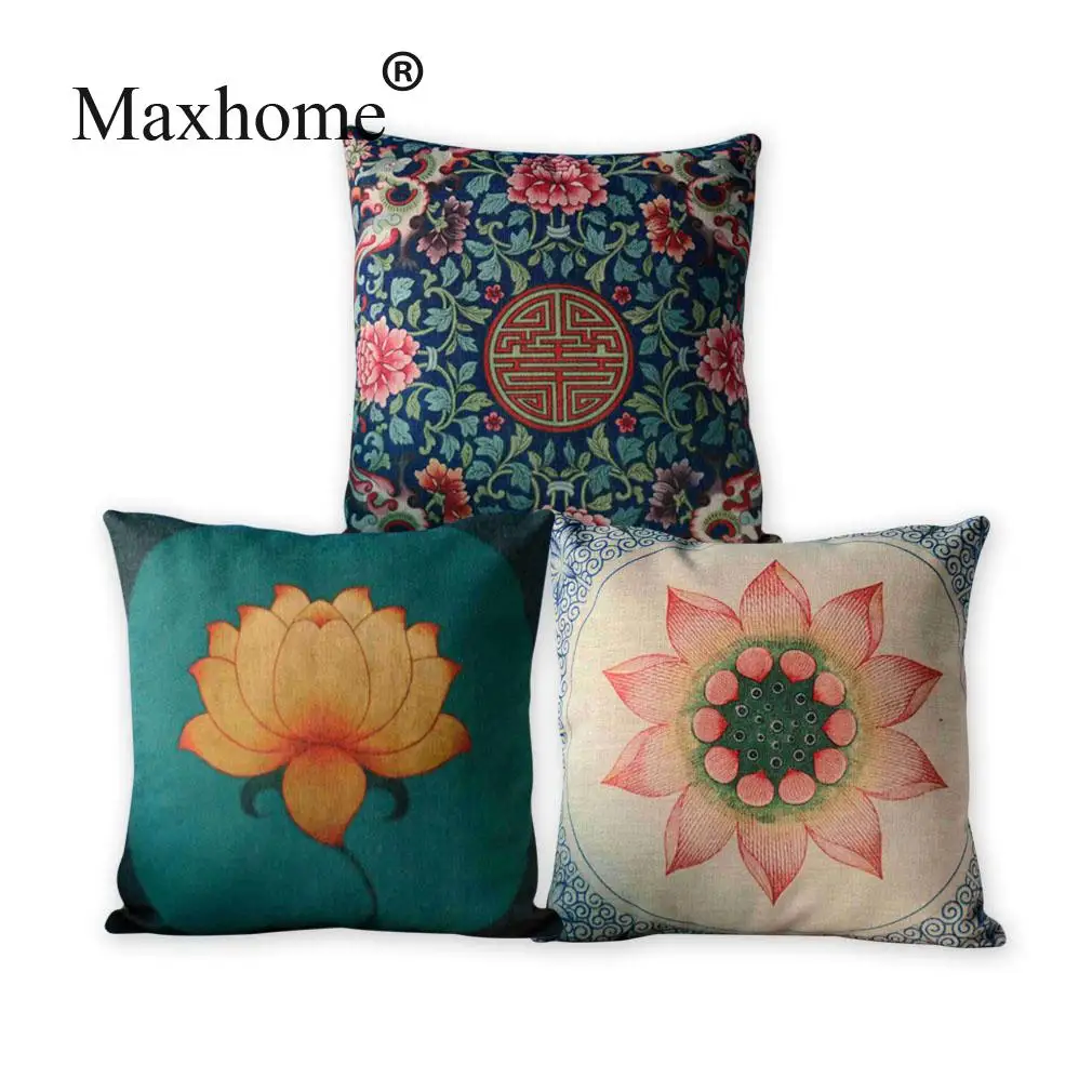 Vintage Chinese Zen Culture Cotton Linen Pillowcase Lotus Cushion