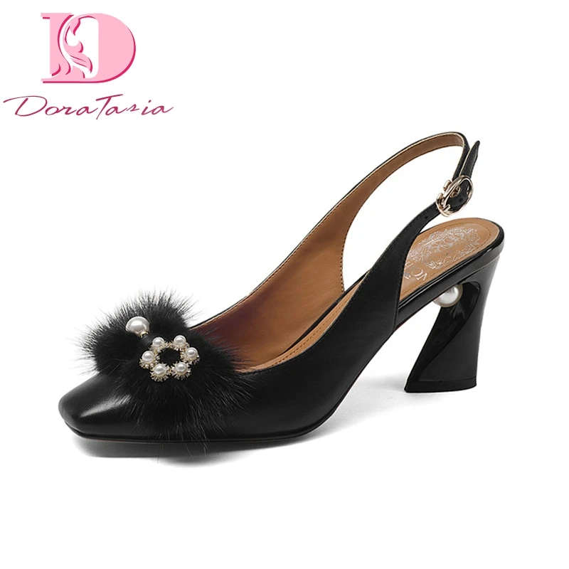 

Doratasia New woman's Genuine Leather Buckle Strap Square High Heels String Bead Shoes Woman Fashion Summer Pumps