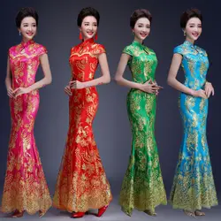 Модные Разноцветные Вышивка Cheongsam Русалка Вечерние платья Длинные Qipao Китайский традиционный свадебное платье Cheongsam