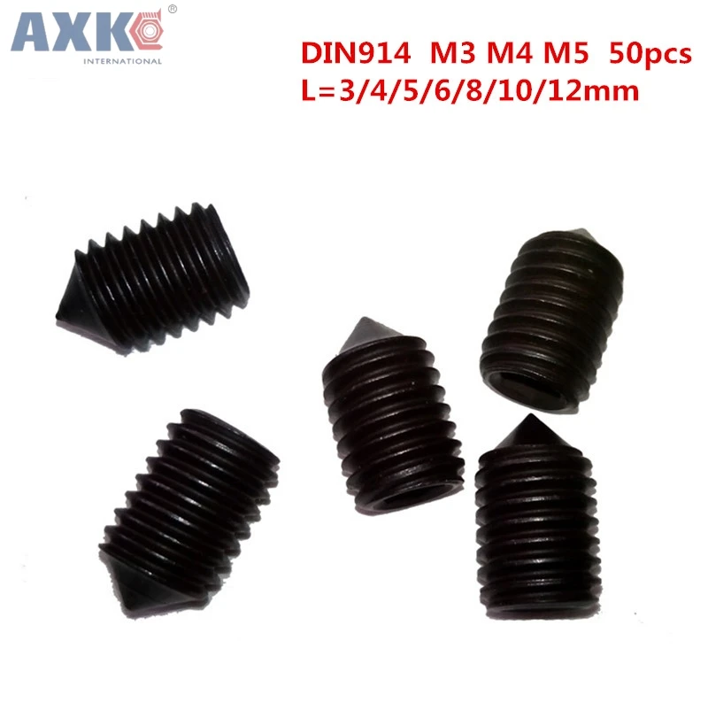

AXK 50Pcs DIN914 M3 M4 M5 Grade 12.9 Black Grub Screws Cone Point Hexagon Hex Socket Set Screws