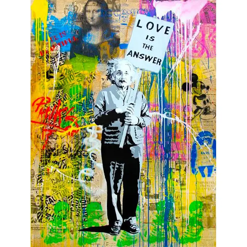 Альберт Эйнштейн держит знак "Любовь-ответ" настенный поп-арт граффити холст печать картина Картина для гостиной - Цвет: 3