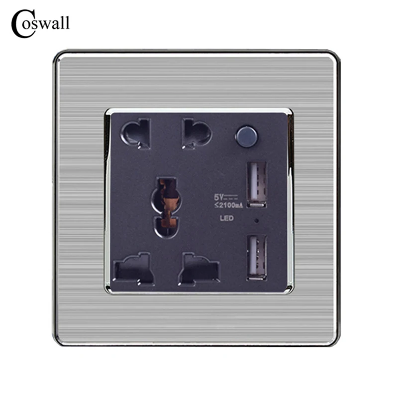 

Coswall 5 Hole Universal Socket Switched With LED Indicator + Dual USB Charge Port For Mobile 5V 2.1A Stainless Steel Panel