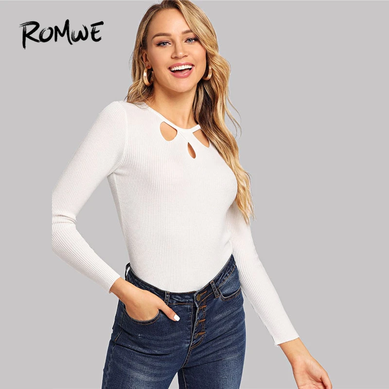 ROMWE White Keyhole Detail Solid Sweater Fashion 2019