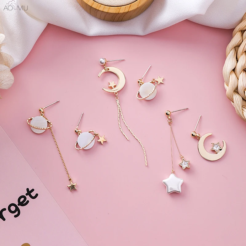 

AOMU S925 Sterling Silver Pin 2019 Fashion Asymmetry Acrylic Star Moon Planet Round Drop Earrings for Women Girl Party Brincos