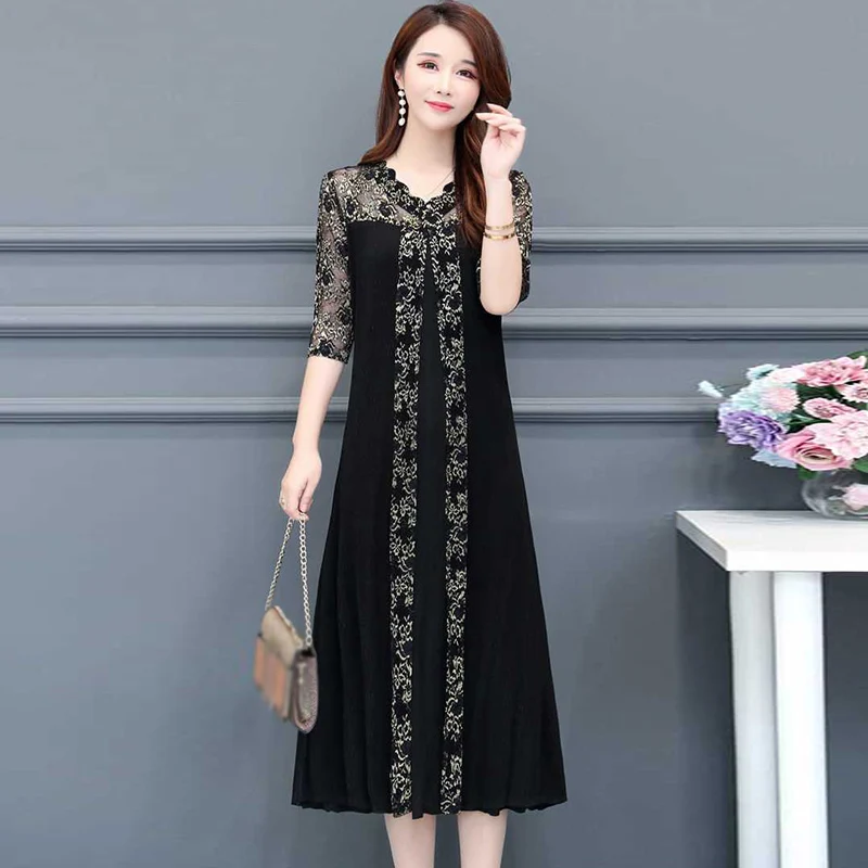 

Womens Dress Ladies Business Sheer Formal Fashion Cocktail See through Maxi Prom Printed Midi Ball Half Sleeve