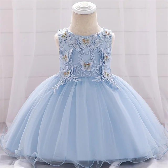 Зимние 1st платье на день рождения для Платья для маленьких девочек вечерние свадебные рождественское платье детское платье на крестины для девочек одежда на возраст 3, 6, 9 месяцев - Цвет: Sky blue